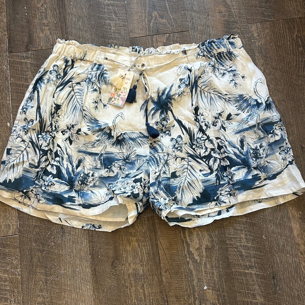 Johnny Was Workshop Pacific Palms Paperbag Shorts Blue White Tropical XL NWT